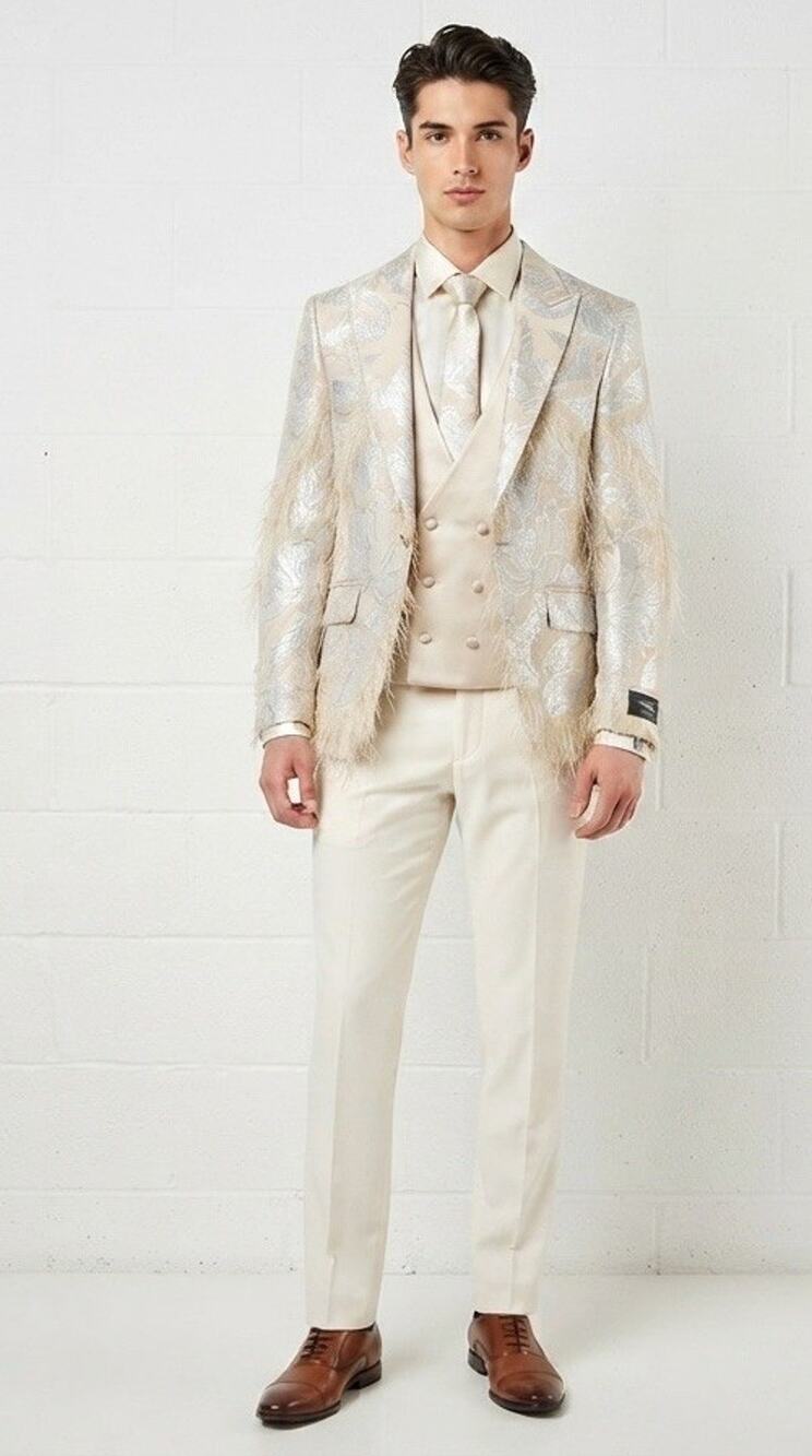Torres Mens Tuxedo Suit 38 US 48 EU Beige Floral Borcade Tasseled 3pcs Set N11